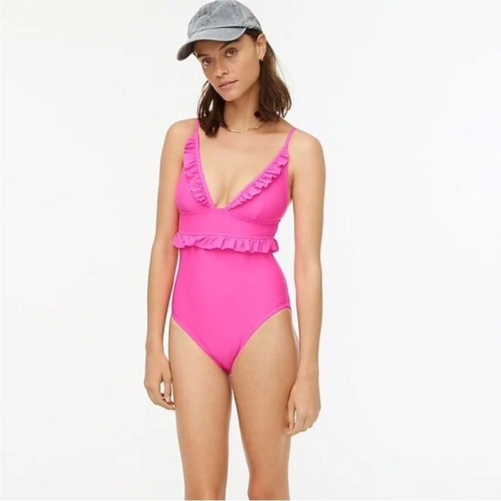 J. Crew Fuchsia Hot Pink Ruffle Plunge One Piece Swimsuit Bathing Suit Size 12